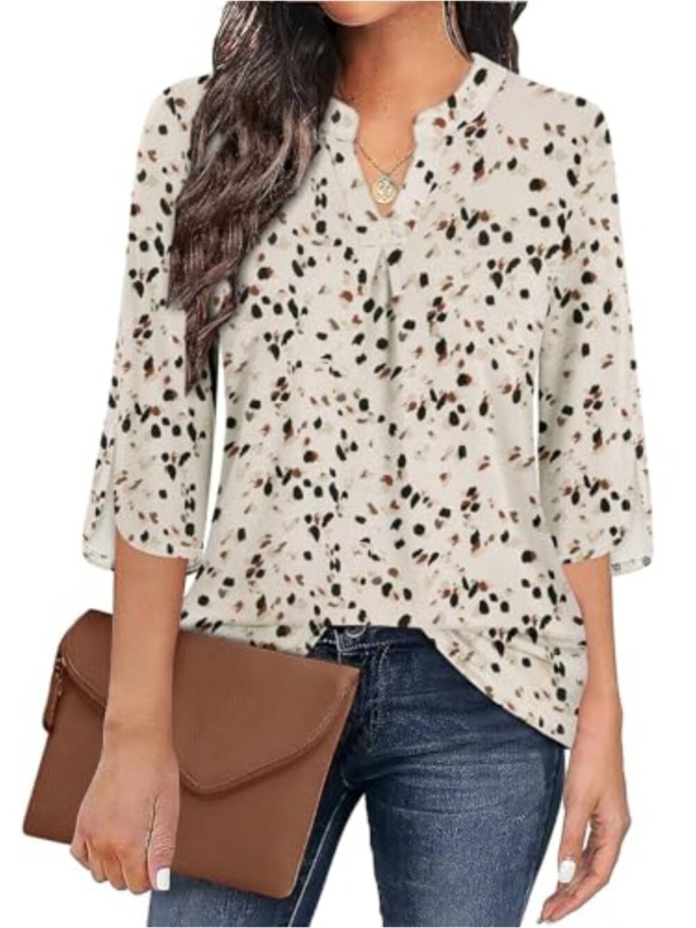 Womens 3/4 Sleeve Floral Print V Neck Tunic Blouse
